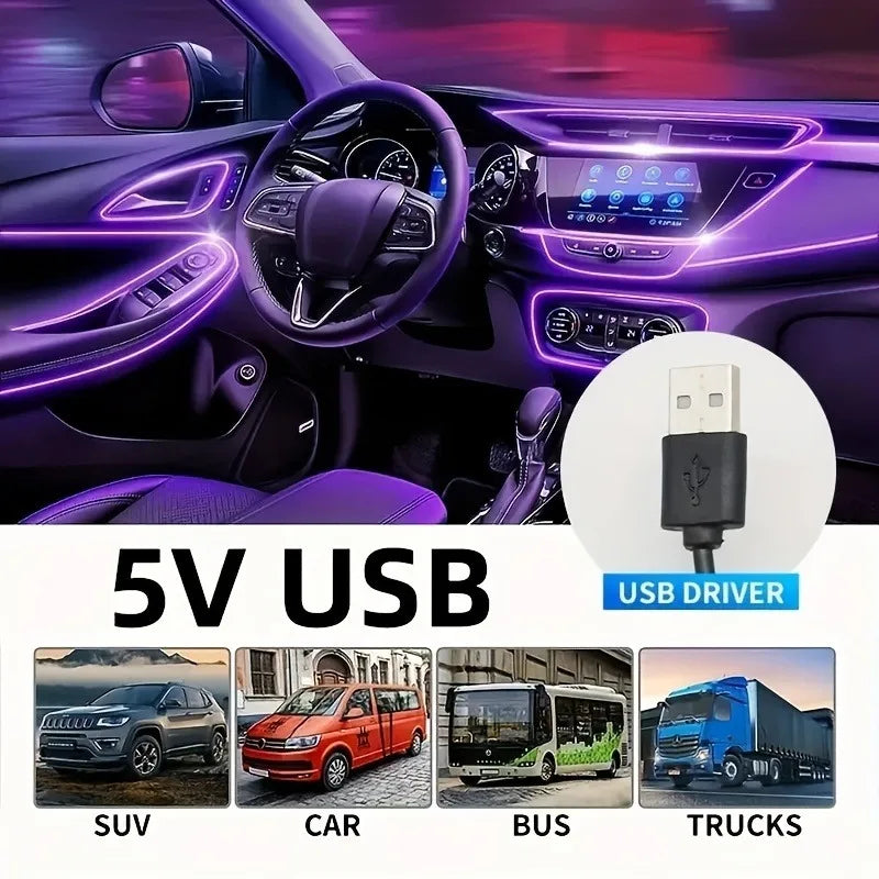 Flexible LED wire for car interior decoration showing various vehicle types like SUV, car, bus, and trucks