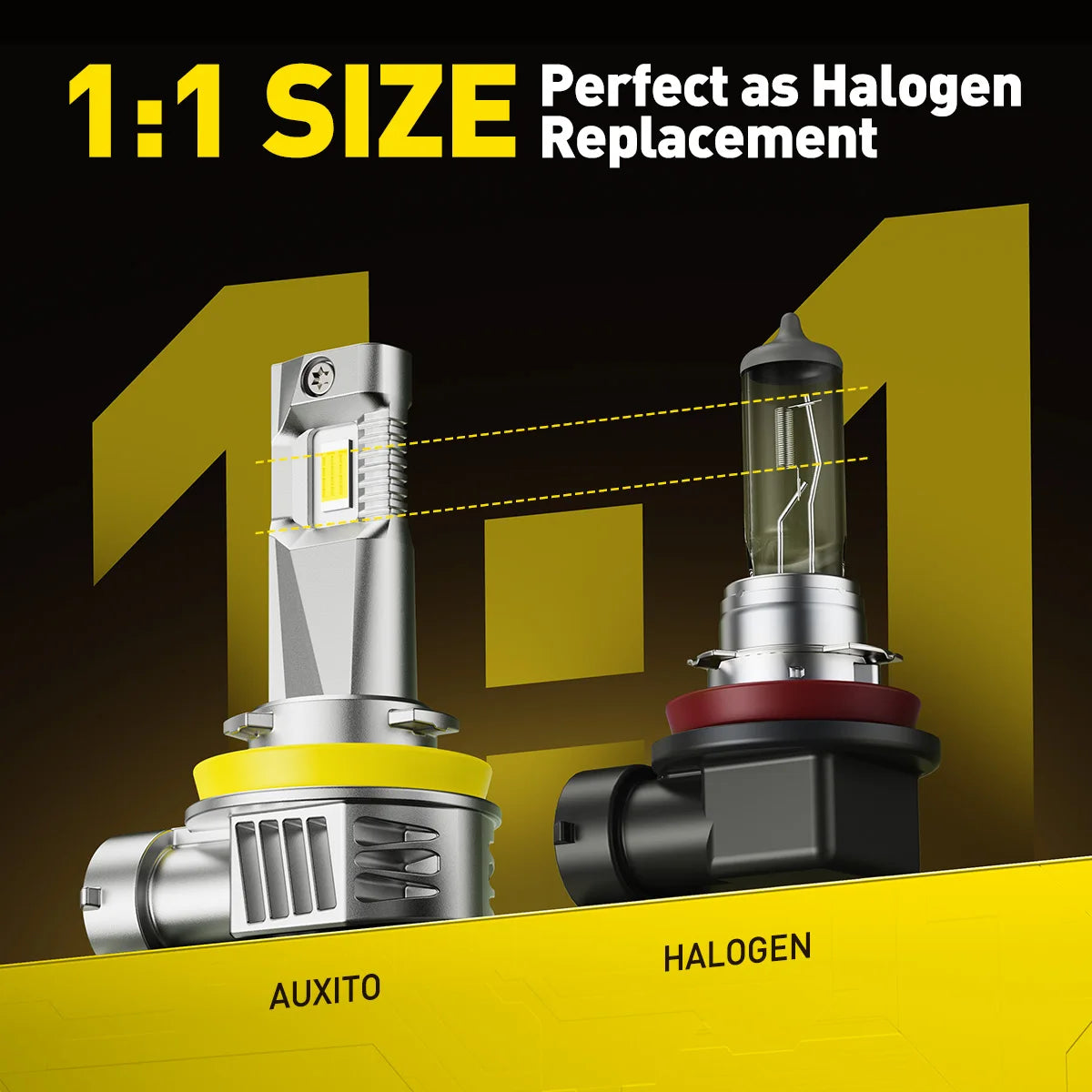 Comparison of an Auxito and Halogen car headlight bulb, demonstrating 1:1 size replacement.