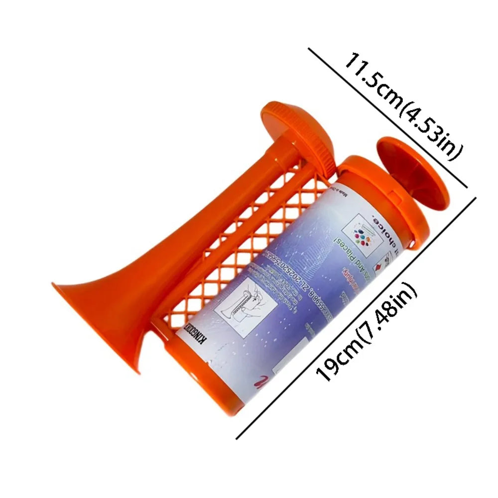 Orange portable air horn with a mesh carrier for vehicle alarms