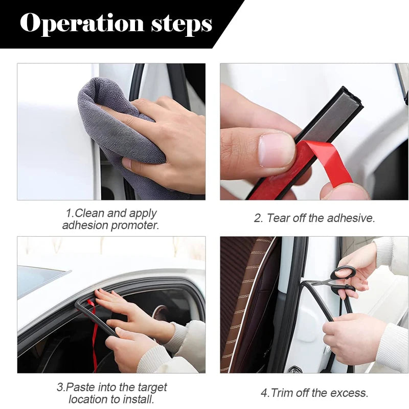 Four steps showing how to clean, apply, tear off adhesive, and trim a car door soundproofing seal.