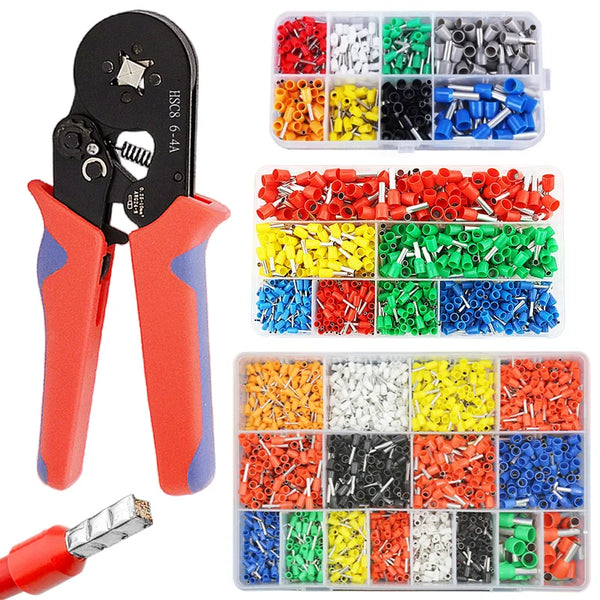 A set of tube crimping terminals and a crimping tool in red and black plastic.