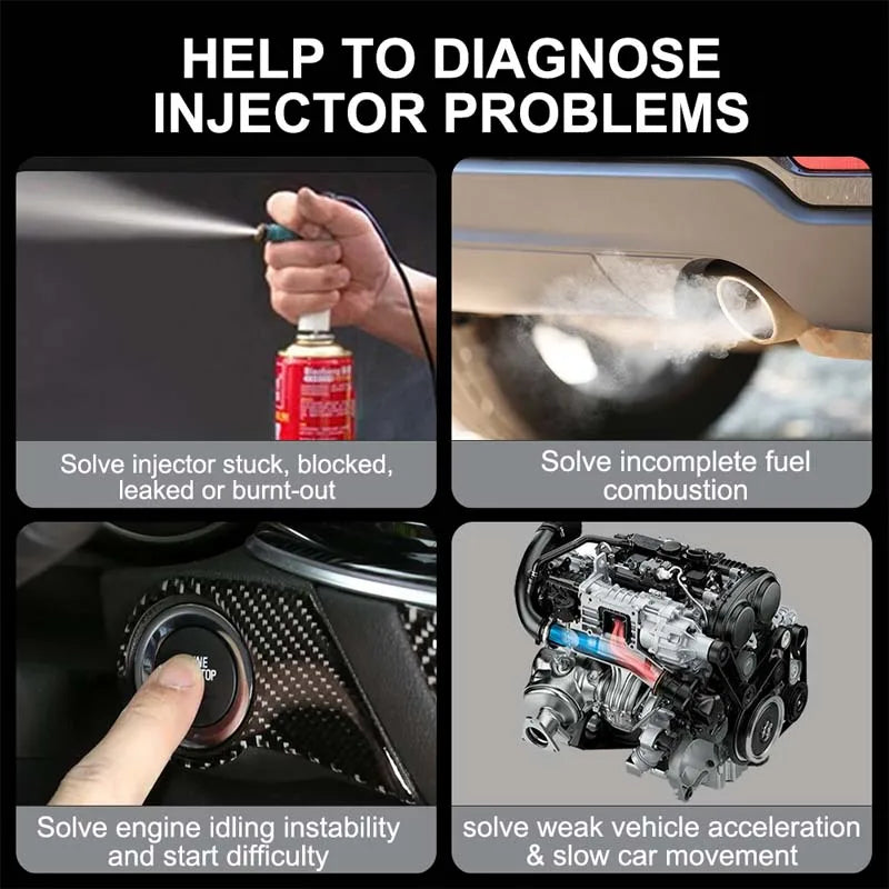 A set of fuel injector testers and cleaners used to diagnose and solve various engine problems like stuck injectors, incomple