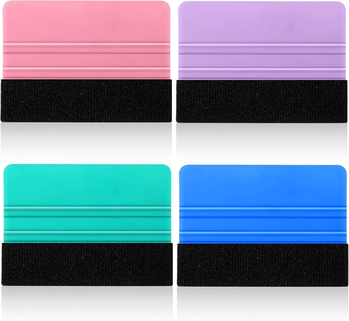 A set of felt squeegee tools in pink and purple, and teal and blue, with black rubber bases.