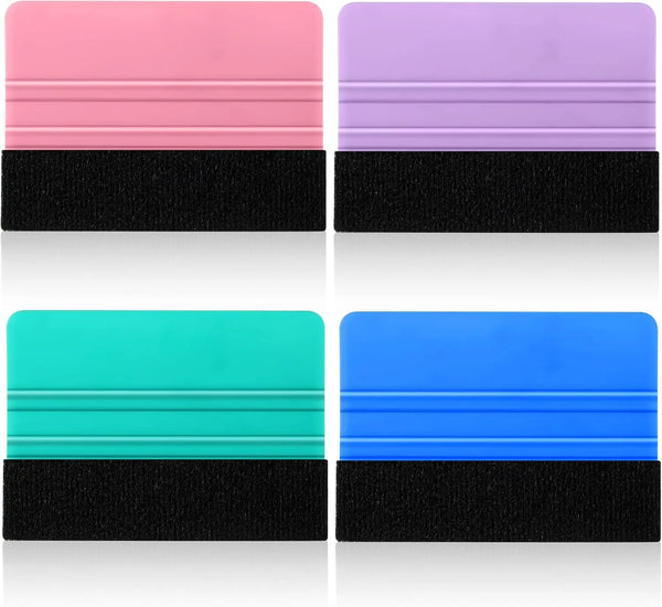 A set of felt squeegee tools in pink and purple, and teal and blue, with black rubber bases.