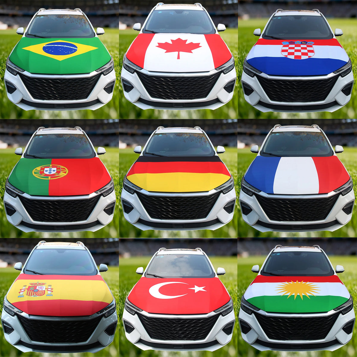 A grid showing various national flags used as customizable car hood decorations.