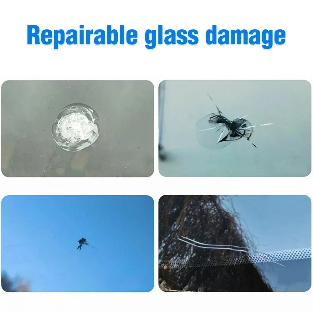 Reparaturset für Glasbeschädigungen mit Beispielen für gesprungenes und beschädigtes Glas