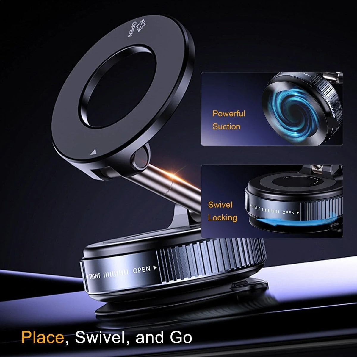 A black magnetic phone mount with a rotating lens and swivel locking mechanism shown in use.
