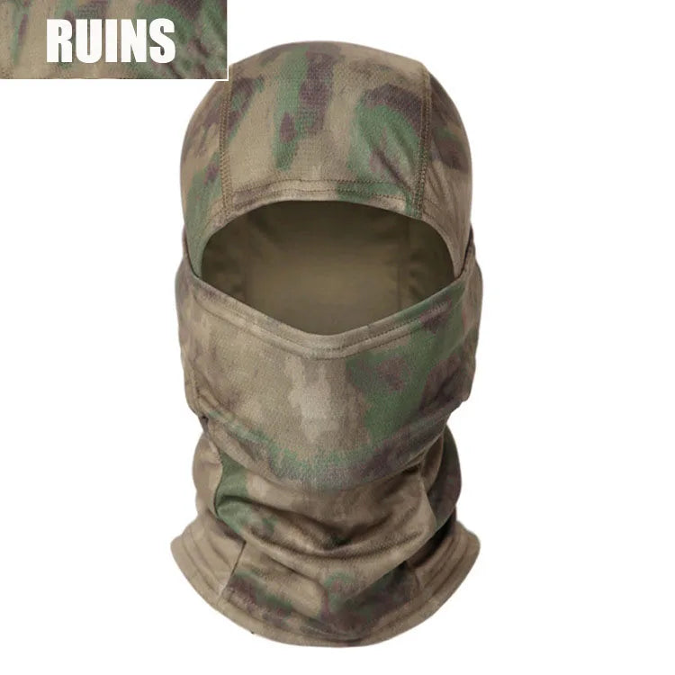 A camouflage tactical balaclava full face mask in a muted green and brown pattern.