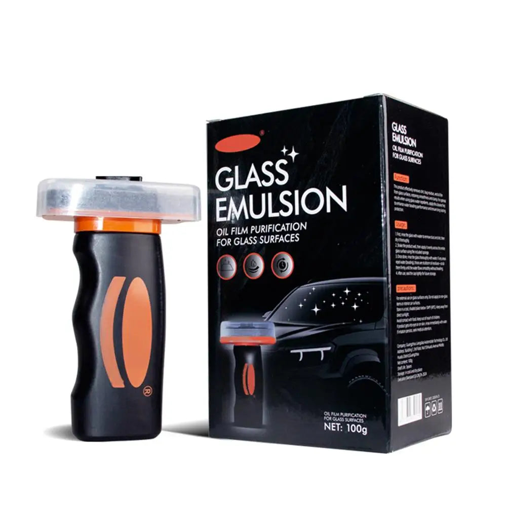 A black handheld glass emulsion oil film remover bottle and its packaging box.