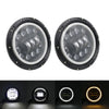 A pair of 7 inch motorcycle LED headlights shown in various lighting conditions.