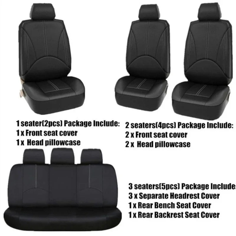 A set of black universal PU leather car seat covers including front and rear seats and head pillowcases.