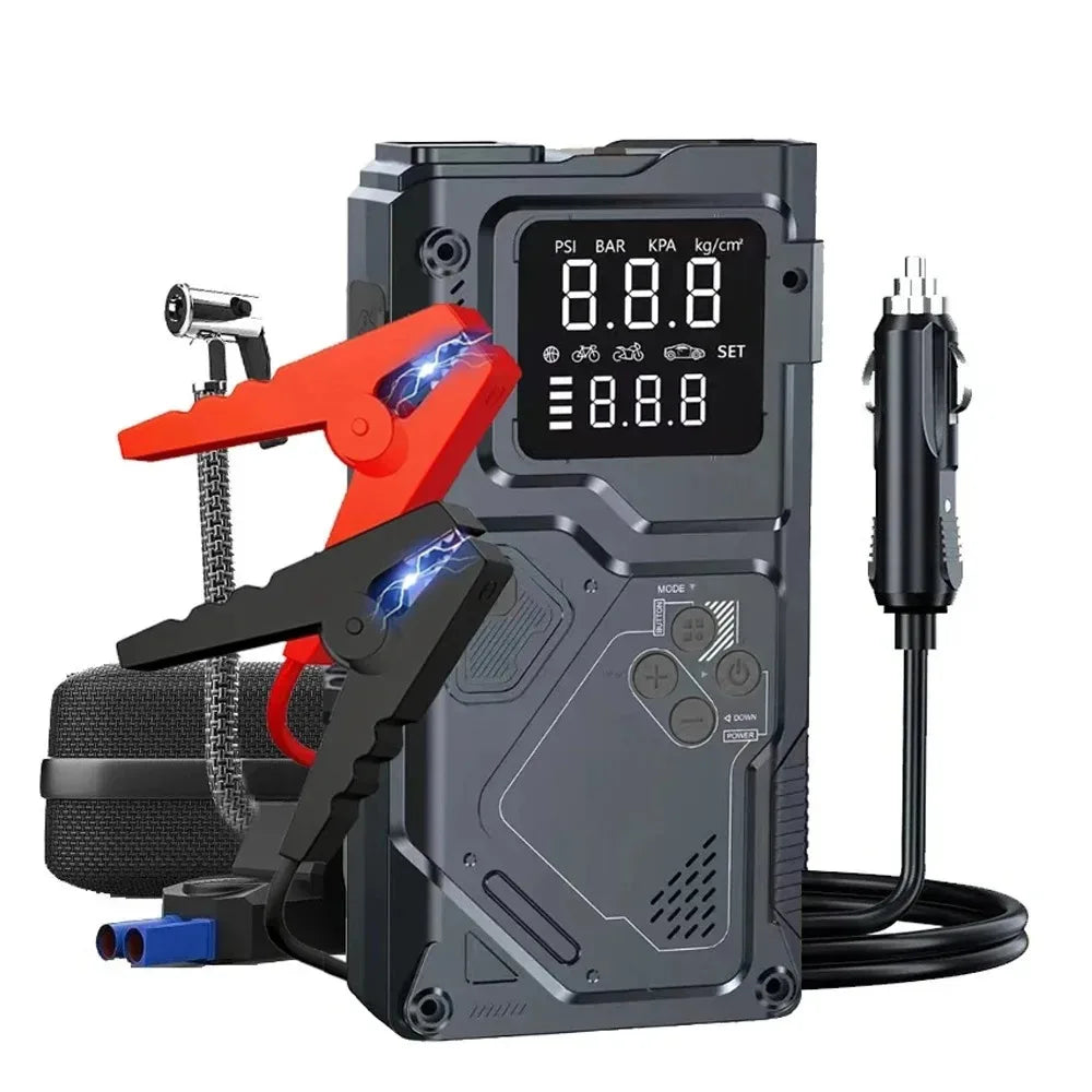 Arrancador de arranque y inflador de neumáticos multifuncional negro con abrazadera naranja y cable de carga.