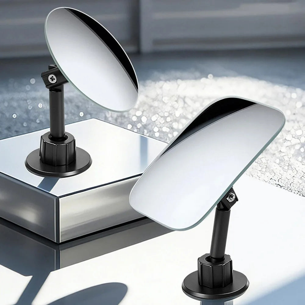A silver 360° adjustable HD blind spot mirror mounted on a black base, shown in a close-up view.