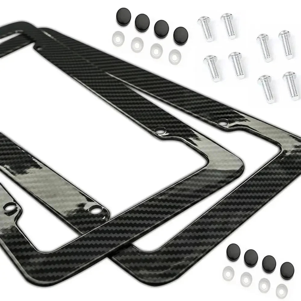 Black carbon pattern universal license plate frame with mounting hardware.