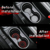 Before and after installation comparison of silicone car cup holder coasters in a vehicle interior.