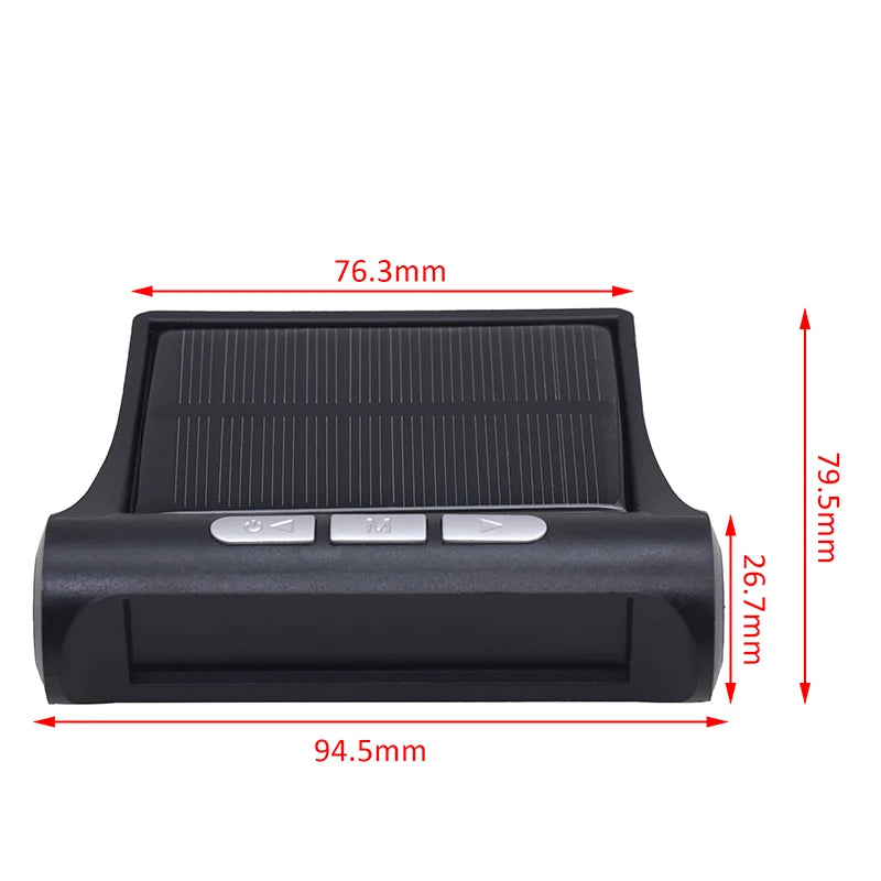 A black TPMS tire pressure monitoring system device shown with dimensions.