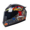A black motorcycle helmet featuring a detailed red and gold dragon design on the exterior.