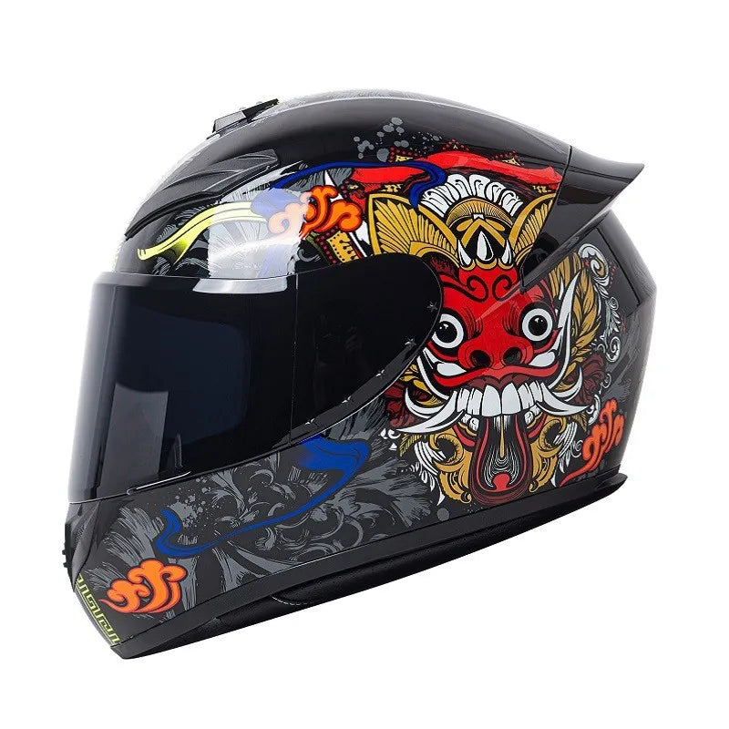 A black motorcycle helmet featuring a detailed red and gold dragon design on the exterior.