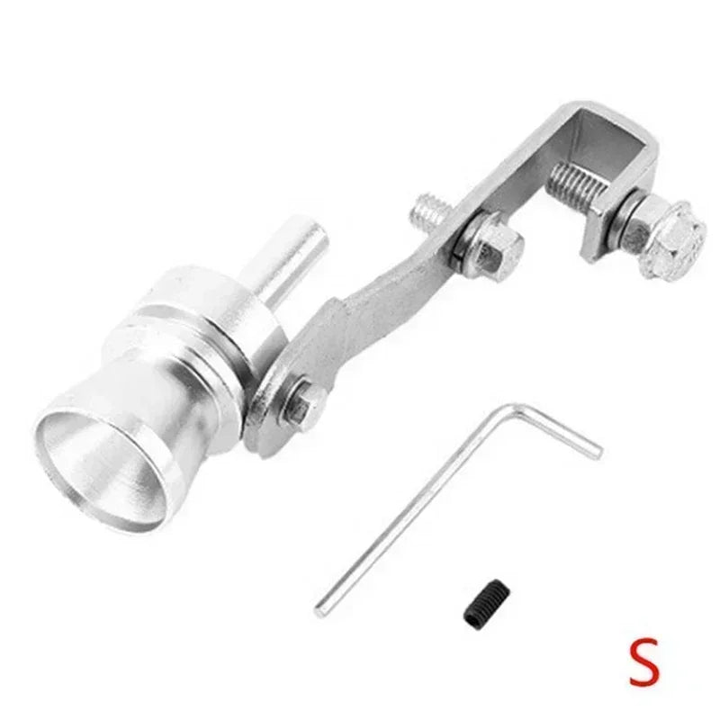 A silver turbo sound whistle for vehicle exhaust with mounting hardware.