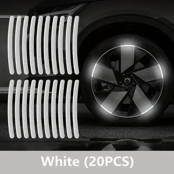 Twenty white reflective vertical strips used as wheel hub decals for enhanced visibility