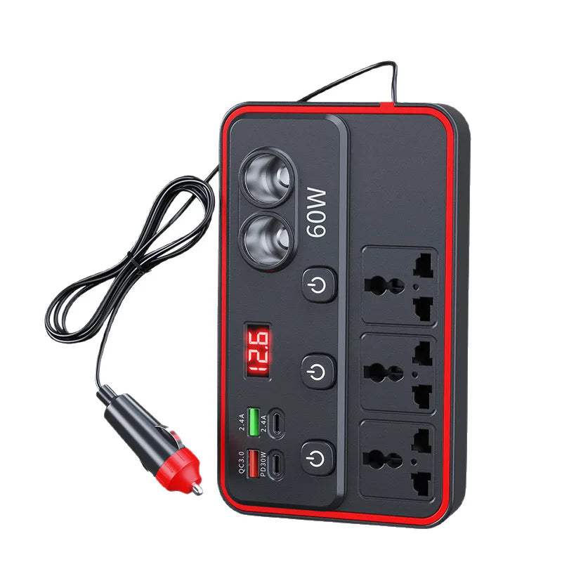 Convertisseur universel voiture noir et rouge avec câble et sorties.