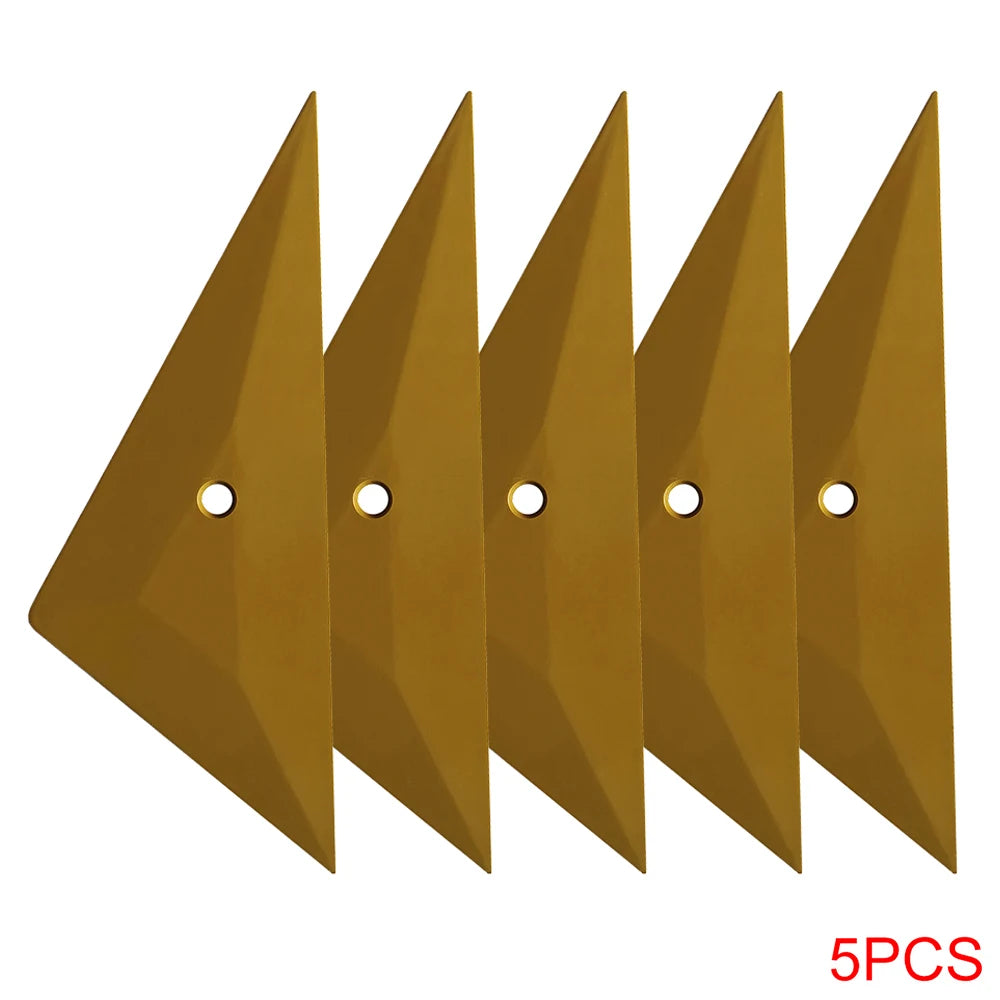 Five gold-colored triangle squeegee tools shown in a row.