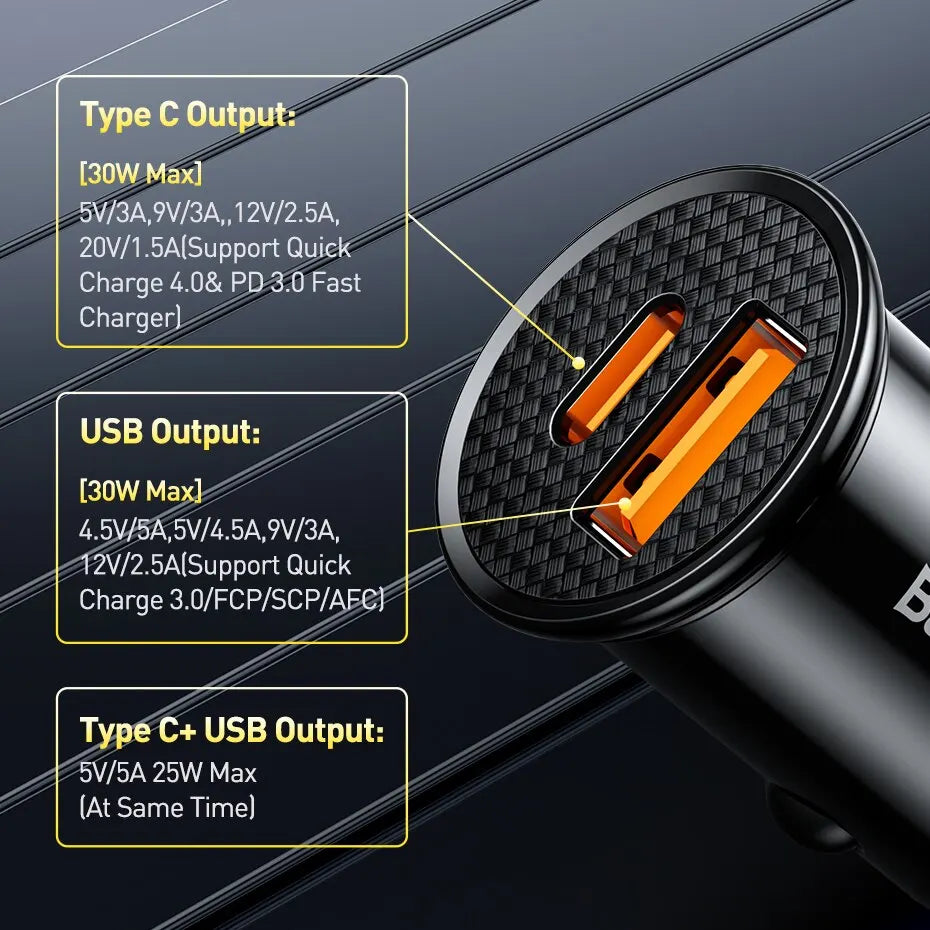 Close-up view of a black car charger showing various Type C and USB output specifications.