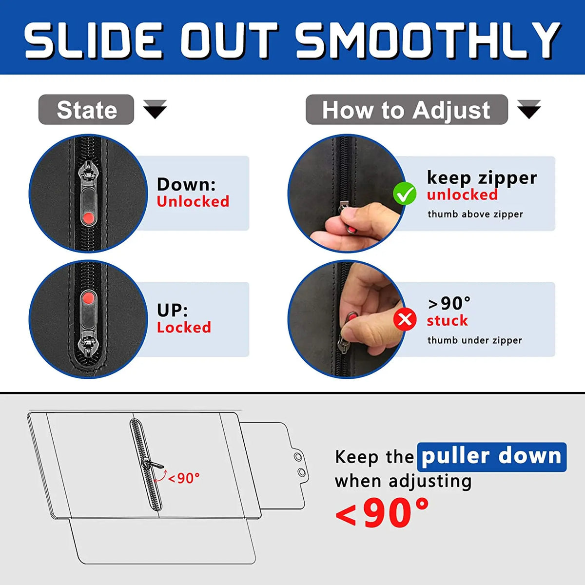 Diagram showing how to adjust a slide-out sun visor extender, detailing locked and unlocked positions.