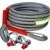 A coil of heavy duty vehicle towing rope with a red handle and silver hook visible.