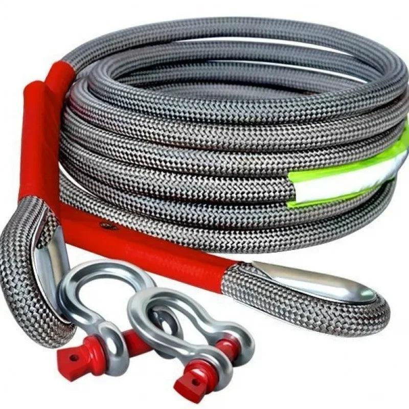 A coil of heavy duty vehicle towing rope with a red handle and silver hook visible.