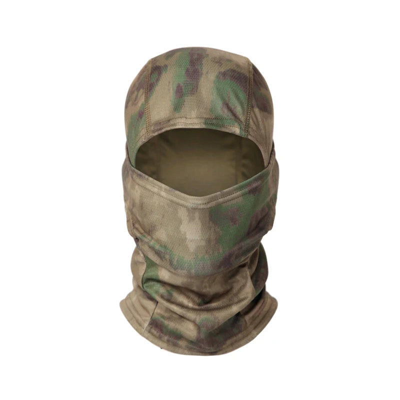 A camouflage balaclava cap in olive green and brown tones.