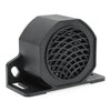 Black high-decibel backup horn for vehicles with a circular grille and mounting tabs.