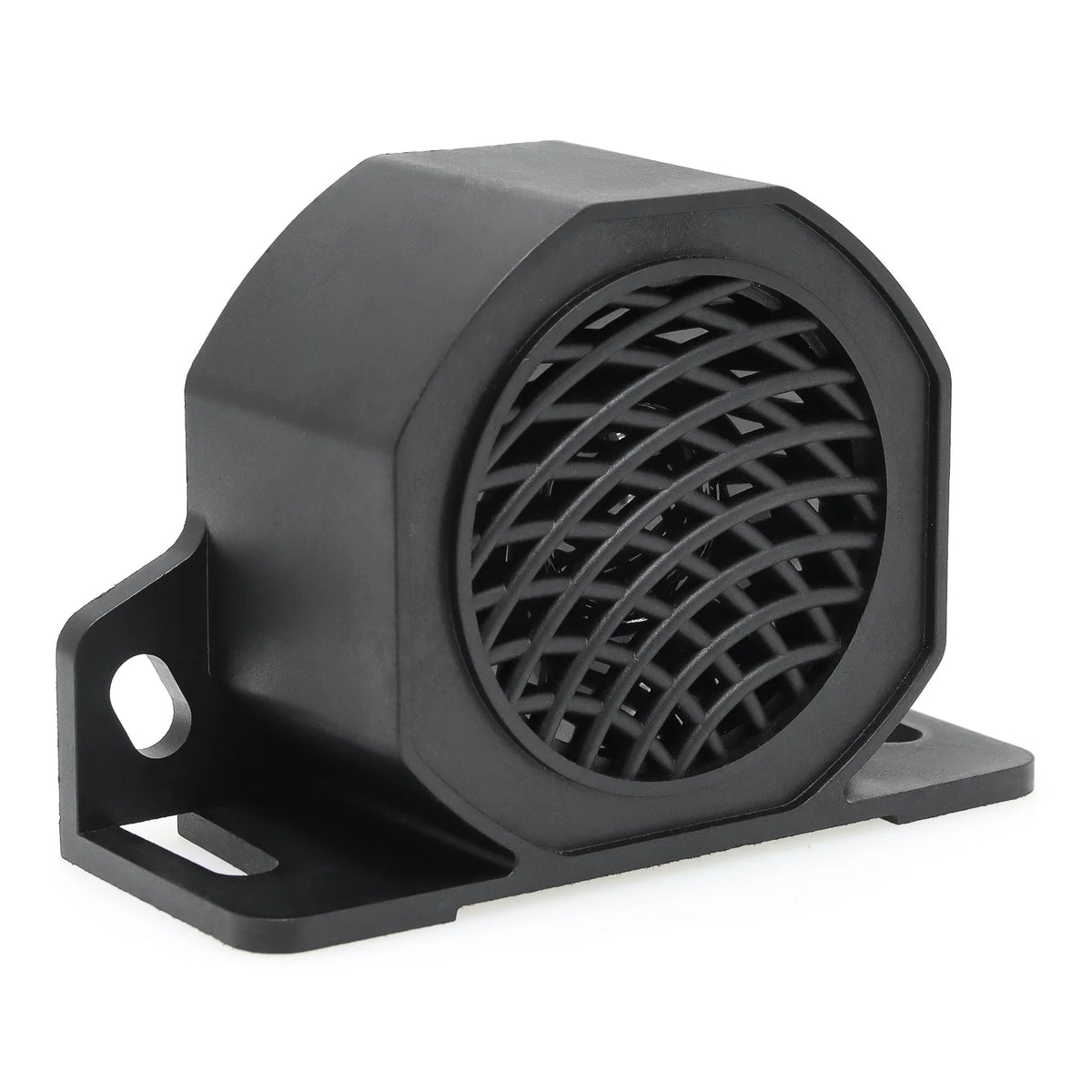 Black high-decibel backup horn for vehicles with a circular grille and mounting tabs.