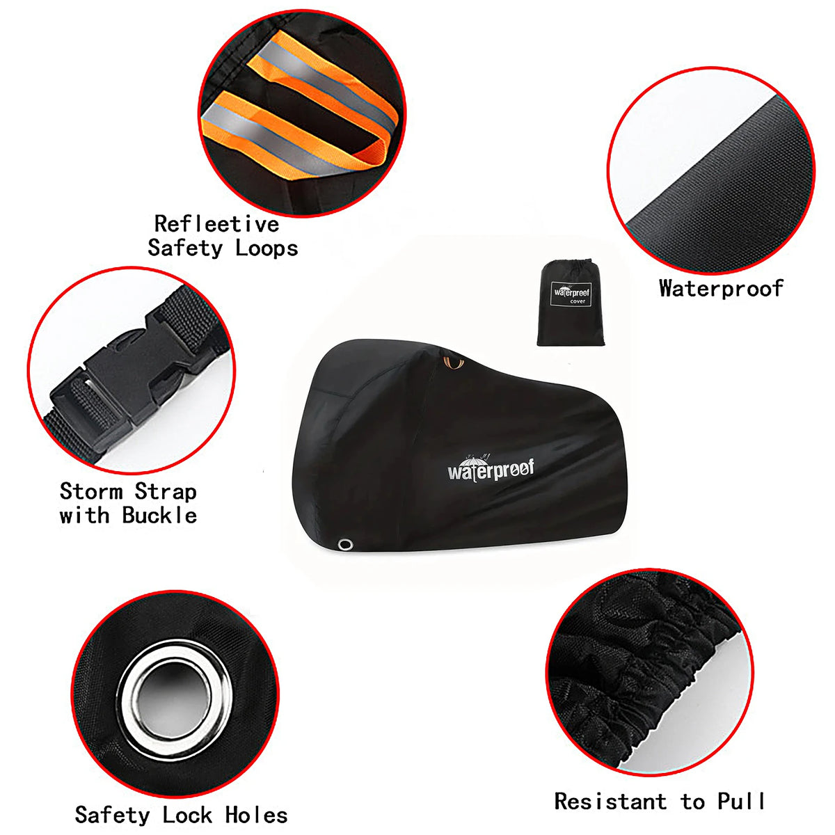 Schwarze wasserdichte Motorradabdeckung mit reflektierenden Sicherheitsösen, Sturmstrap und Sicherungsschlosshaken