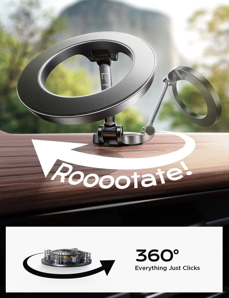 Support de téléphone MagSafe pour voiture, rotatif à 360°, sur une surface en bois avec une flèche indiquant la rotation.