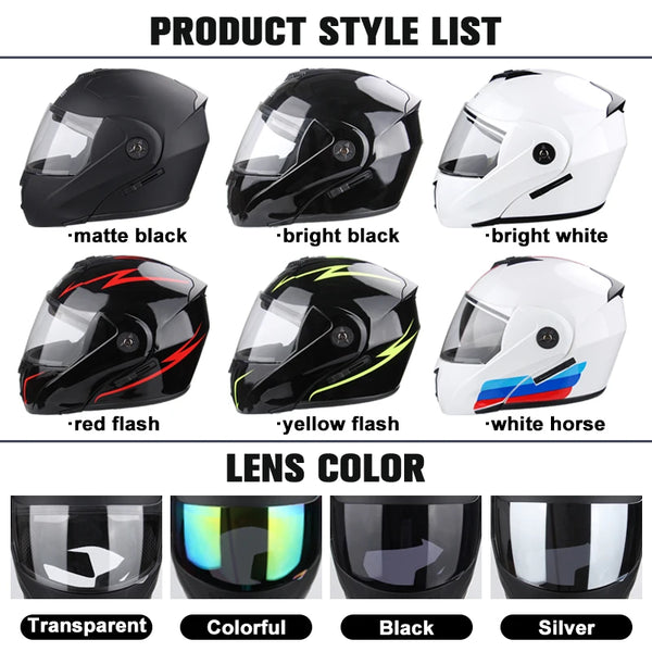 A list of DOT certified double lens flip-up motorcycle helmets in various colors including matte black, bright black, bright 