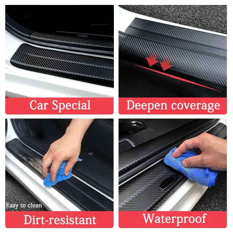 Carbon fiber door sill protection strips shown with various features like special car deals, deep coverage, easy cleaning, di