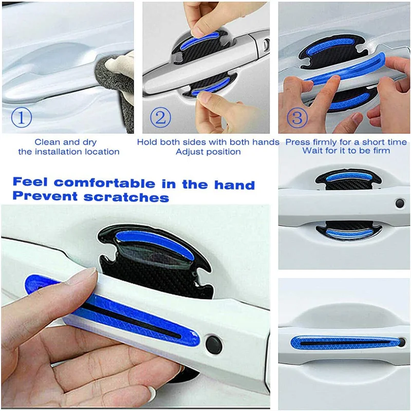 Close-up of a car door handle with blue reflective protection stickers applied to prevent scratches.