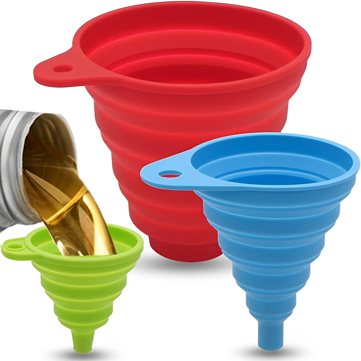 Three silicone funnels in red, blue, and green are shown, with one funnel pouring golden fluid into another.
