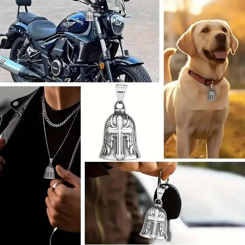 A motorcycle with a silver angel wings bell keychain and a matching necklace displayed next to a dog.