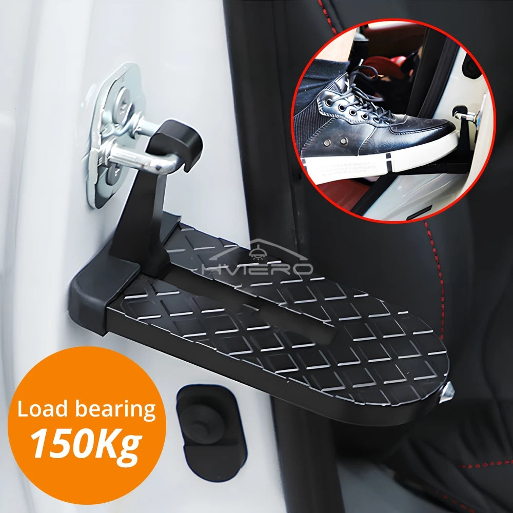 A black load-bearing car roof access step and hook mounted on a white vehicle interior.