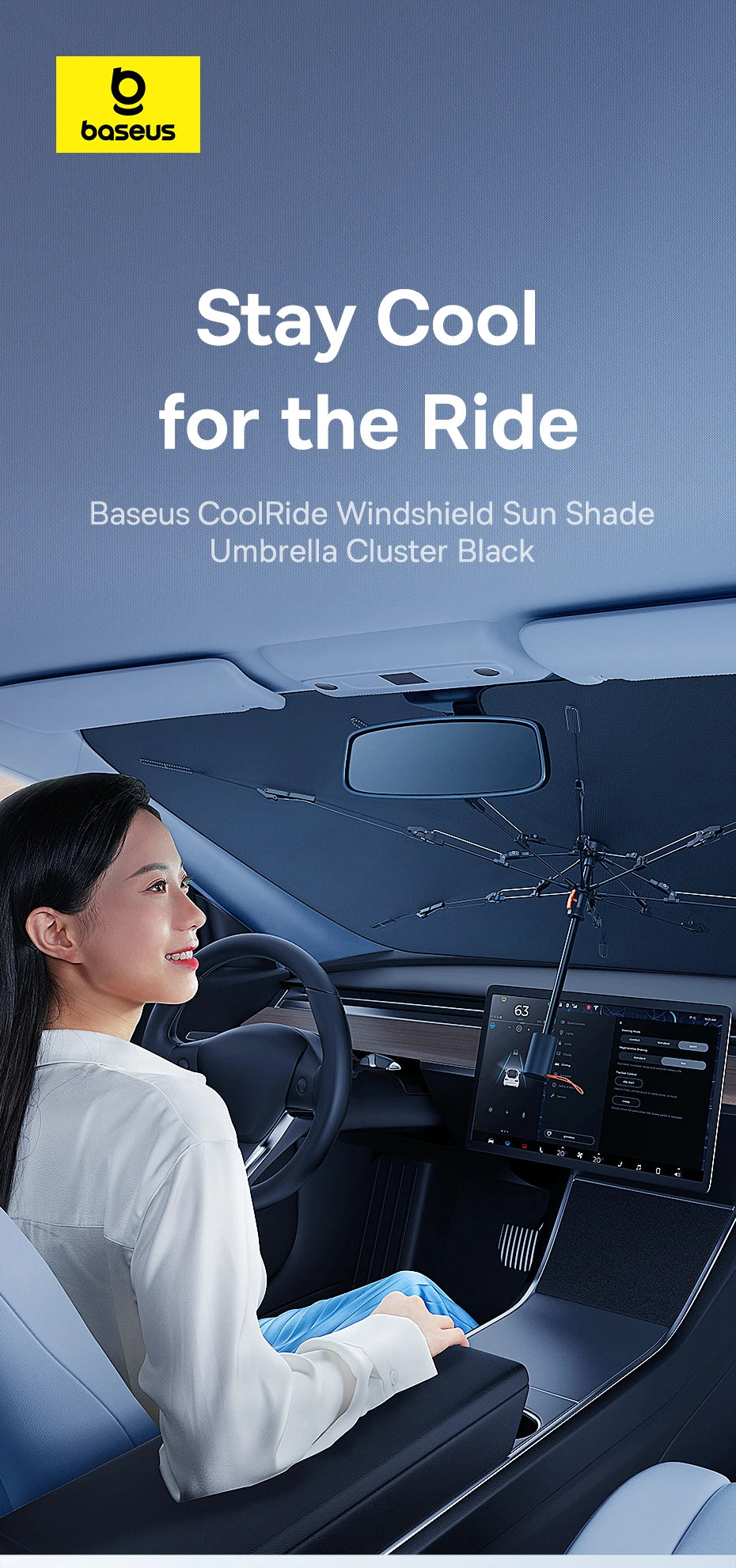 A woman is driving a car with a Baseus CoolRide windshield sun shade umbrella installed on the windshield.