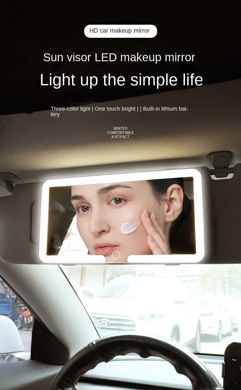 An HD sun visor LED makeup mirror is shown mounted in a car interior, illuminating a woman's face.