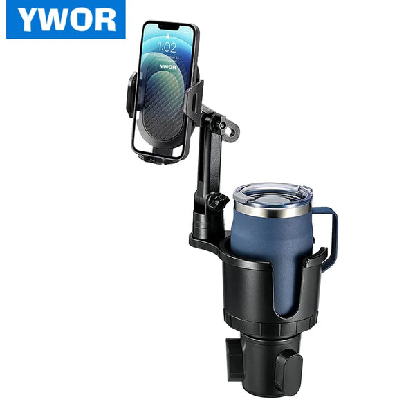 A black adjustable cup holder phone mount for car with 360 degree rotation shown next to a smartphone.