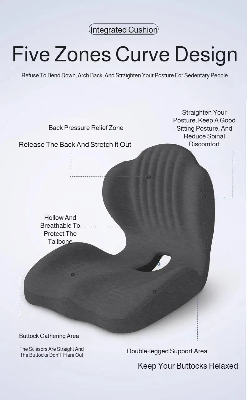A black ergonomic seat cushion designed with five zones for curved support and posture correction.