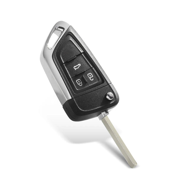 A black flip key shell case with silver accents and a metal shaft, designed for Chevrolet, Buick, Vauxhall, and Opel models.