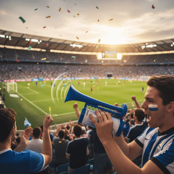 A man is blowing a blue portable air horn in an excited crowd setting.
