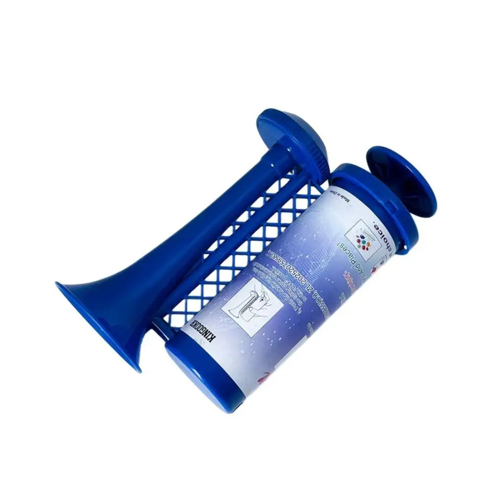 Blue portable air horn with a mesh carrier for vehicle alarms