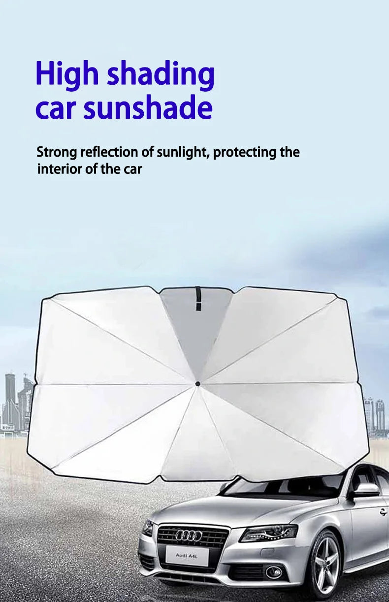 Weißer tragbarer Auto- Sonnenschutz schützt das Interieur eines silbernen Audi A4s vor Sonnenlicht.