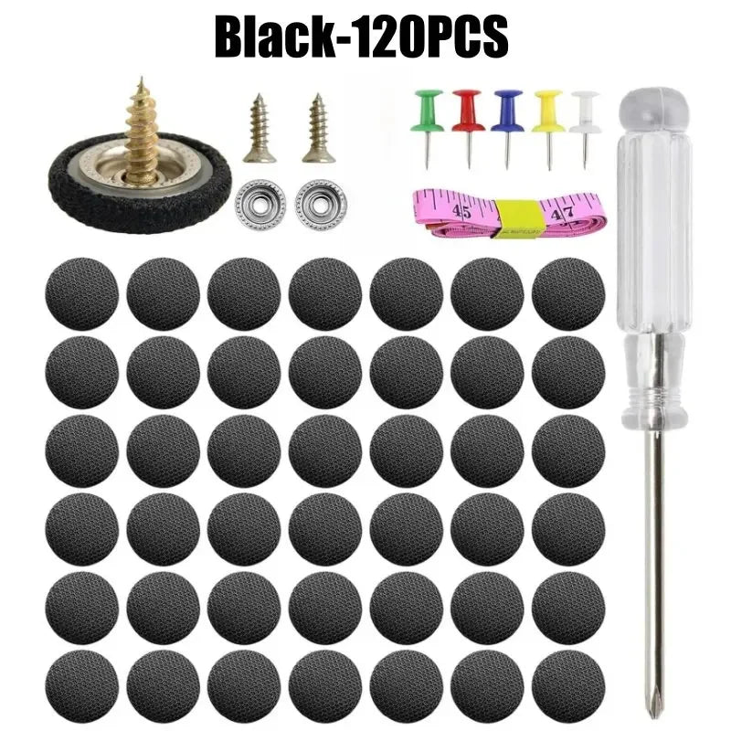 Black interior trim clips and fasteners with screw caps for car roof installation